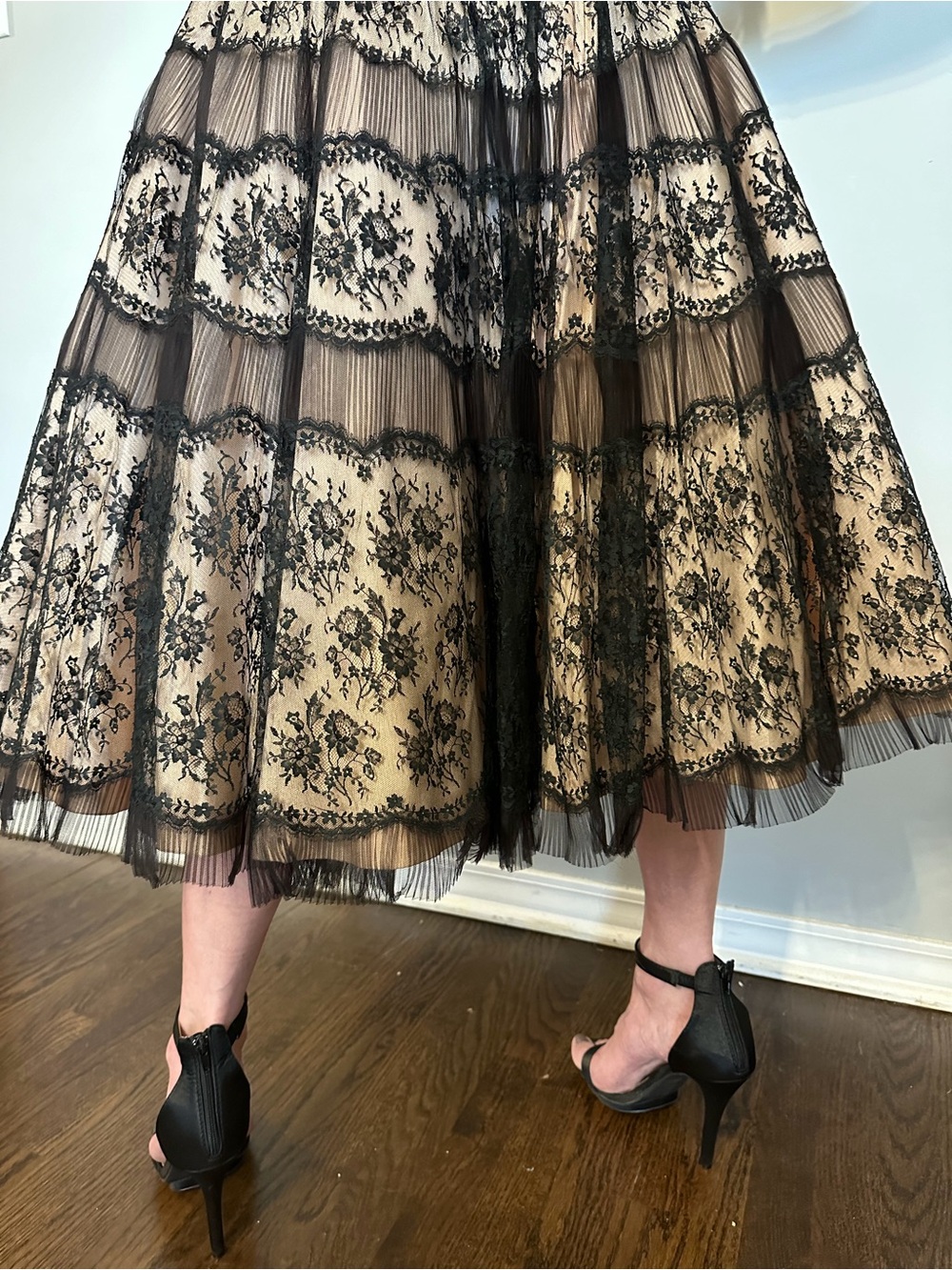 Strapless Black Lace-Appliqué Midi Dress with Pale Pink Underlay - Picture 5 of 8